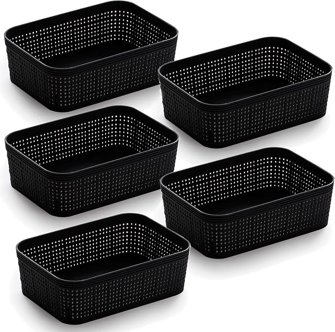 BINO | Woven Plastic Basket | XS (Black), 5-Pack | THE JUTE COLLECTION | Home Organization, Space - Saving Storage, Stylish Design | Jute Basket | Plastic Storage Basket by BINO