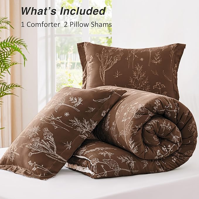 Love's cabin Chocolate Comforter Set King - King Size Comforter Set, 3 Pieces Cute Floral Bedding Sets for All Seasons,1 Soft Reversible Botanical Flowers Comforter and 2 Pillow Shams