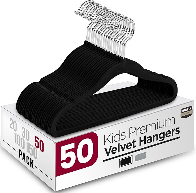 Utopia Home Kids Velvet Hangers 50 Pack – 11 Inch Non-Slip Baby Hangers for Baby and Toddlers, Durable Ultra-Slim Space-Saving Closet Organizers (Black) by UTOPIAHOME