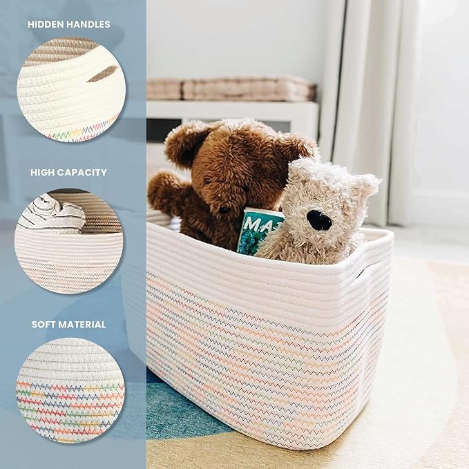 OrganiHaus Set of 3 Rainbow Baskets - Colorful Woven Storage Baskets for Playroom, Nursery & Classroom Decor, Toy Storage, Rainbow Stitches, 15x9x10 - Image 3