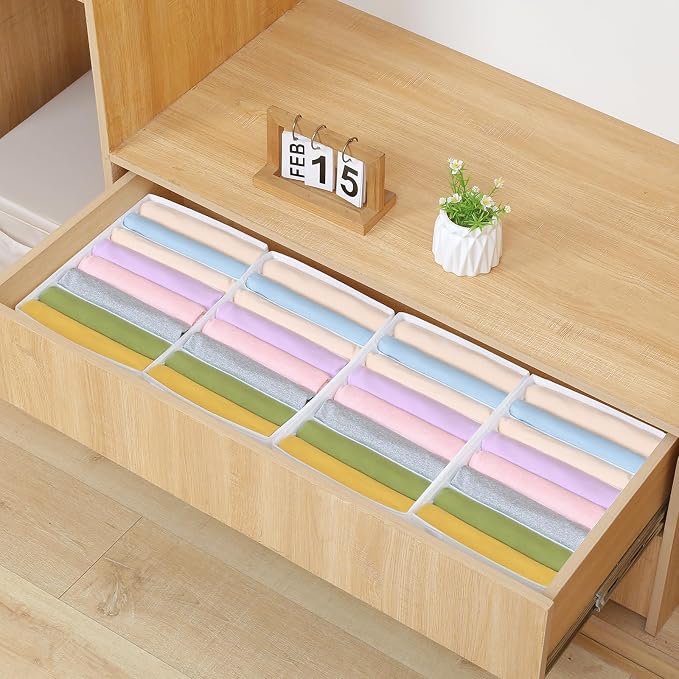 4 Packs T-shirt Drawer Organizers for Clothing,8 Grids Compartment Wardrobe Storage Box, Washable Clothes Organizer for Folded Clothes, T-shirt, Legging, Silk Scarve-White - Image 6