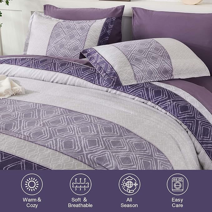 Dinjoy Boho Queen Comforter Set Purple,7 Piece Bed in a Bag Queen Size Breathable Summer Bedding Sets Plaid Striped Comforters Bed Set with Sheets for Family All Season