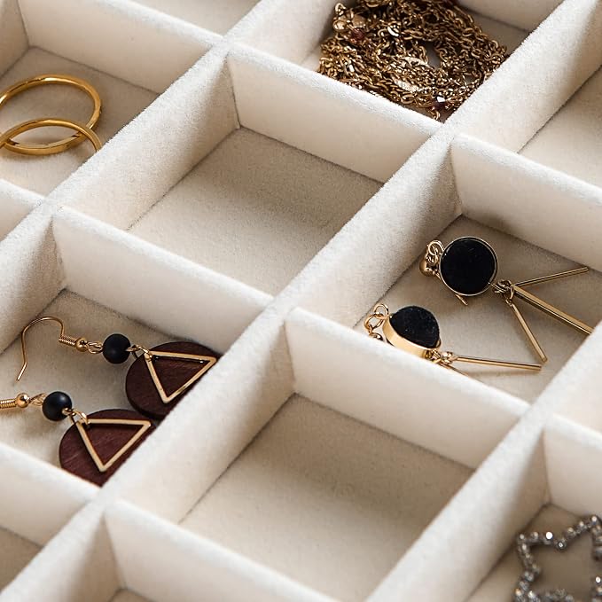Frebeauty Stackable Velvet Jewelry Organizer Trays for Drawers Inserts Jewelry Storage Tray Display Case, Stud Earrings Bracelets Necklace Rings Accessories Trays for Women Girls(Set of 2 Beige) - Image 6