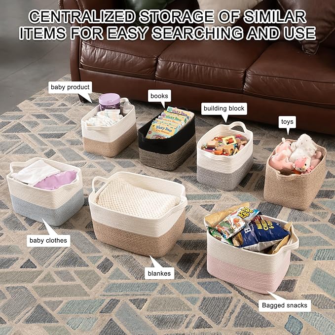 OIAHOMY Woven Storage Basket for Shelves, Rectangle Cotton Rope Baskets for Organizing, 16 x 12 x 10 in, Storage Bins for Dog Toys,Towel,Books,Gift,Brown and White - Image 6