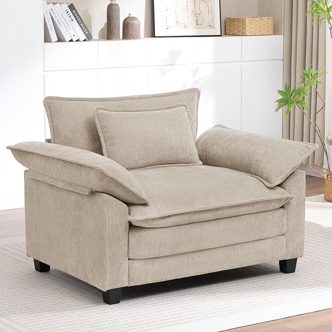 Modern Oversized Accent Chair,Chenille Cloud Sofa Chair with Deep Seat,Upholstered Armchair with Extra Thick,Comfy Reading Chairs for Living Room Bedroom Apartment Khaki