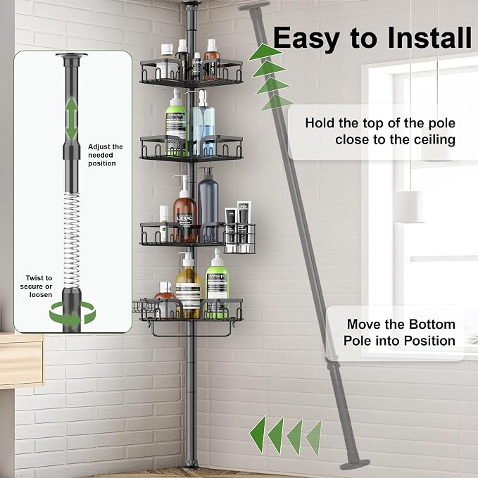 Corner Shower Caddy Tension Pole 4 Tier Adjustable Stainless Steel Shower Shelf for Inside Shower Bathtub Shampoo,Standing Bathroom Organizer Shelves with 39 to 113 inch Height - Image 6