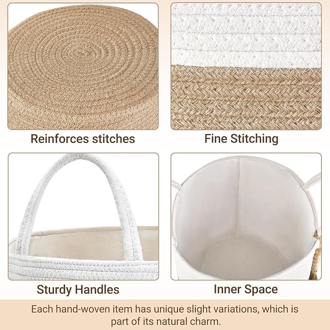 Mkono Woven Storage Basket Decorative Rope Basket Wooden Bead Decoration for Blankets,Toys,Clothes,Shoes,Plant Organizer Bin with Handles Living Room Home Decor, 11" W × 11" L, Cream White and Brown - Image 7