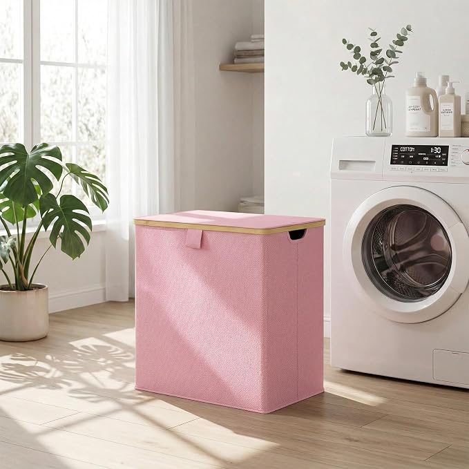 efluky Laundry Hamper with Lid, Double Laundry Hamper with 2 Removable Bags, 2 Section Laundry Basket with Bamboo Handles for Bathroom, Bedroom & Laundry Room (Pink, 140L Dual) - Image 8