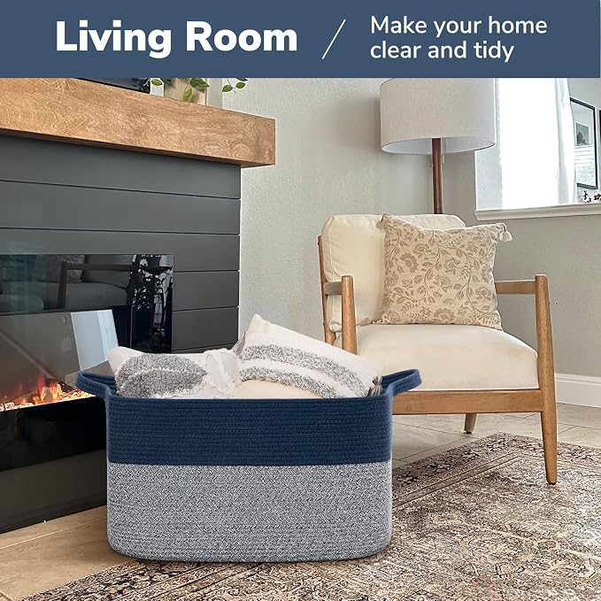 Goodpick Large Blanket Basket 22" x 17" x 12" Woven Storage Baskets for Organizing, Decorative Cotton Rope Basket for Living Room Home Decor, Toy Baskets for Kids, Mixed Blue - Image 2