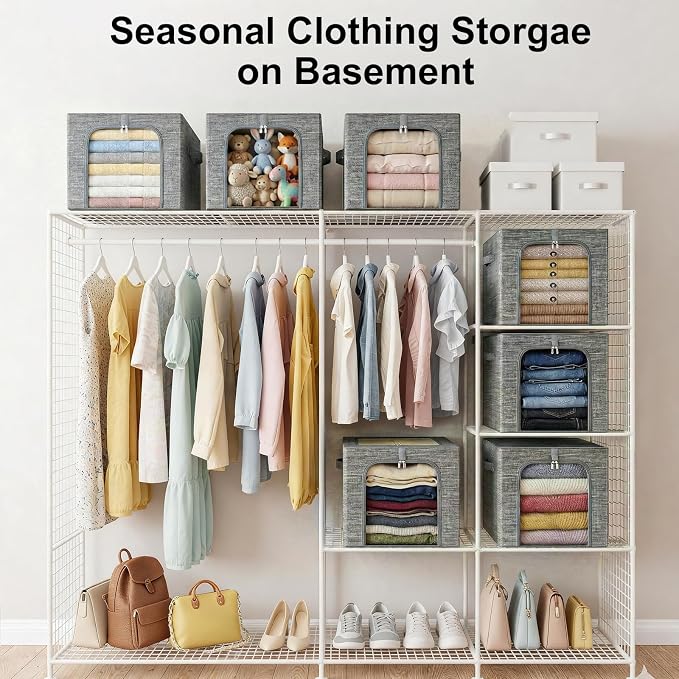 GoMaihe Clothes Storage Bin with Metal Frame: 6-Pack Stackable Closet Storage Bin with Lid & Clear Window, Sweater Boxes Storage for Closet Bedding Clothing Storage Organizer 40L - Image 7