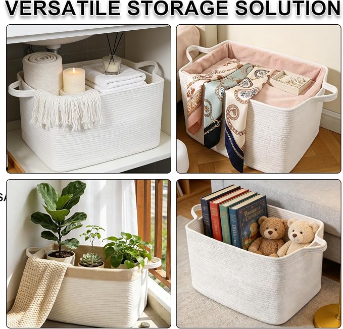 Large Blanket Basket,Woven Rope Basket Storage Bin with Handles,65L Rectangle Laundry Basket for Magazines,Toys,Clothes,Newspaper Shelf Organization,Nursery and Living Room,White - Image 8