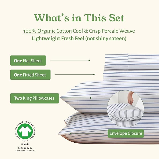 California Design Den California King Sheet Stripe, 100% Organic Cotton Percale Sheets, Deep Pocket Cal King Size Sheets & Pillowcase Set - Blue Stripe