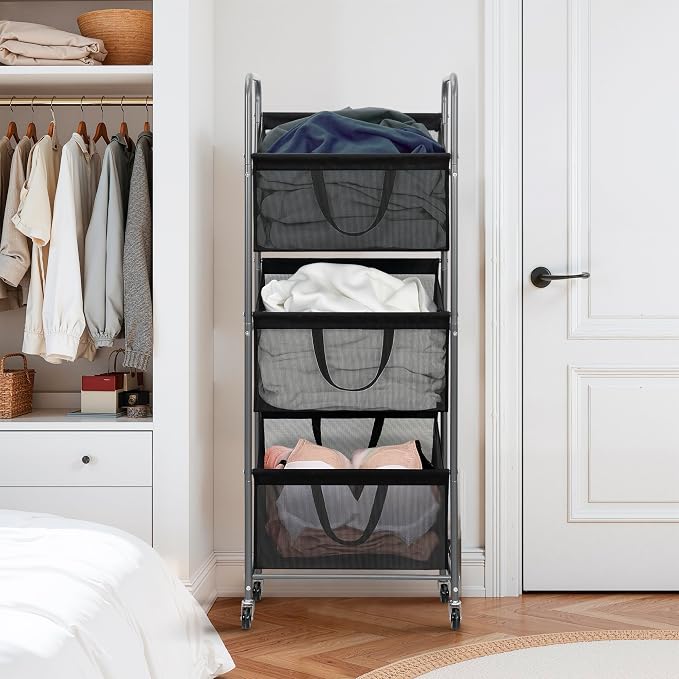 STO STO 3-Tier Vertical Rolling Laundry Hamper with Removable Bags, 120L Stackable Laundry Sorter Basket, Clothes Hamper with Wheels for Small Spaces, Closet, Bedroom, Bathroom, Laundry Room, Black - Image 2