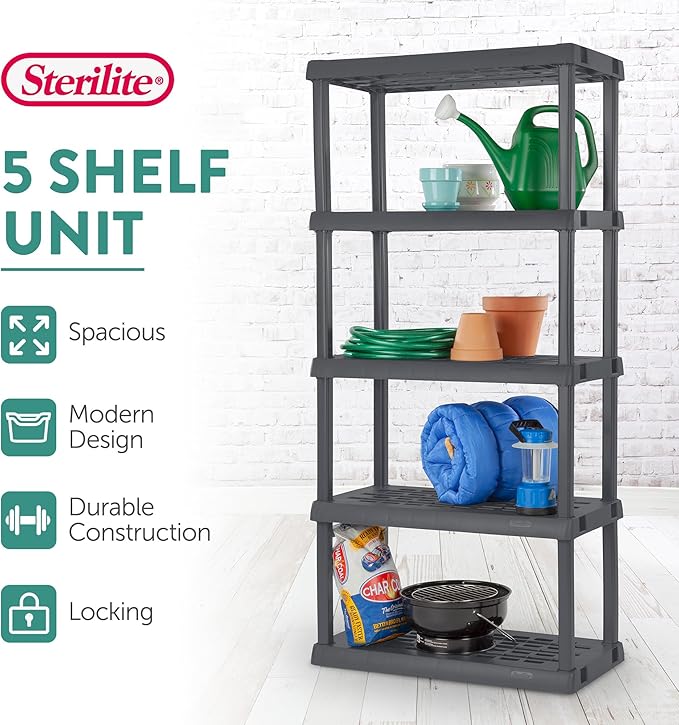 Sterilite 5 Shelf Unit, Heavy-Duty Shelving Storage Rack for Home and Garage, Gray - Multipurpose Plastic Organizer Shelves for Smart Organization - Image 4