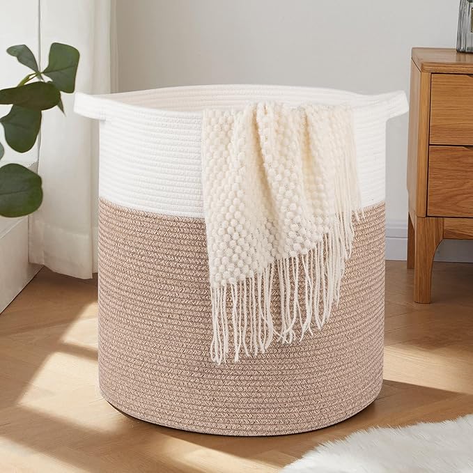 OIAHOMY 80L Laundry Hamper, Storage Basket with Handles, Laundry Basket For Toys, Pillows, Blankets,Clothes-20x18in-Brown&White by MasterofSpaceOptimization