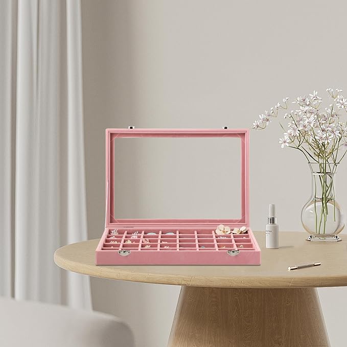 Frebeauty 40 Grid Jewelry Tray,Adjustable Earring Holder Organizer with Glass Lid,Velvet Drawer Jewelry Organizer for Rings,Studs,13.8 x 9.5 x 2 Inches Jewelry Display Box,Gift for Women(Pink) - Image 2