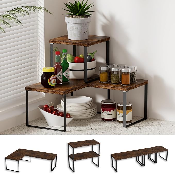 Golener Countertop Organizer Corner Shelf, 2 Tier Adjustable Stackable Corner Shelves for Kitchen, Bathroom, Spice Rack, Coffee Area, Cabinet, Dresser Table, Corner Counter Shelf Stand, Rustic Brown by Golener