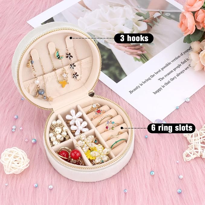 DesignSter Travel Jewelry Box - Velvet Mini Jewelry Organizer, Small Jewelry Case for Girls Women, Jewelry Storage Box for Rings Earrings Necklace (Circular, Cream Beige) - Image 4