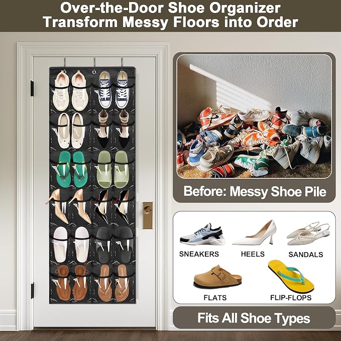 Over the Door Shoe Organizer - Space Saving Shoe Rack for Closet Door with 24 Crystal Clear Pockets and Metal Hooks, Shoe Holder Back of Door Organizers for Shoes, Hanging Shoe Organizer (Black) - Image 2