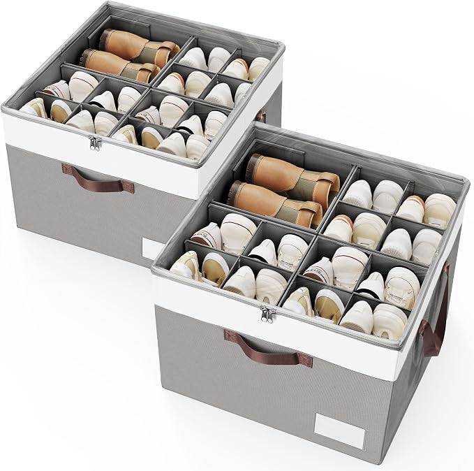 Criusia Shoe Organizer for Closet, 2 Pack Foldable Shoe Storage Organizer Box Bin with Adjustable Dividers and Clear Cover, Closet Shoe Storage for Sneakers Sandals Boots, Fit 16-32 Pairs, Gray by Criusia