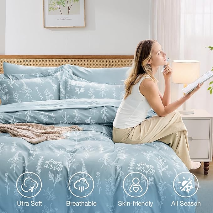 MUXHOMO Mineral Blue Bed in a Bag King 7 Pieces, King Comforter Set Reversible Botanical Flowers Design, Ultra Soft & Breathable Bedding Sets with Comforter, Sheets, Pillowcases & Shams