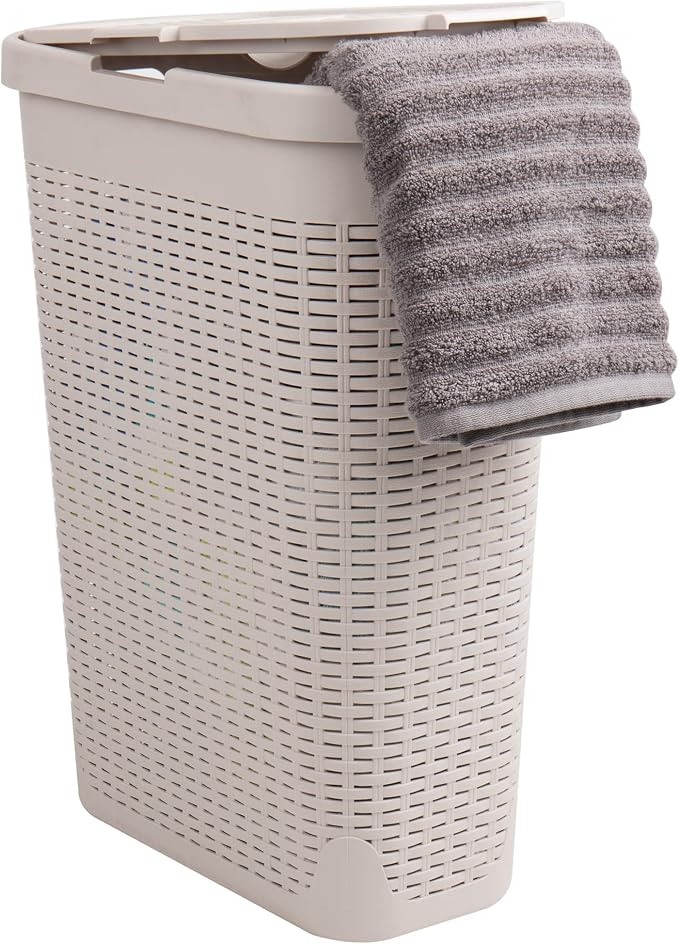 Mind Reader Slim Laundry Hamper with Lid, 40L Clothes Basket, Narrow Tapered Design with Ventilated Cutout Pattern, Plastic, Ivory by MindReader