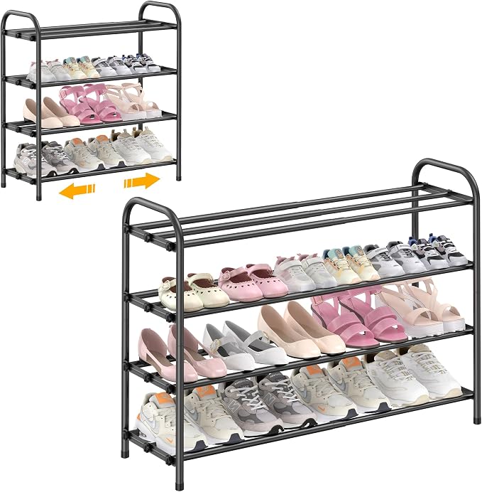 Hleelomi 4-Tier Expandable Shoe Rack for Entryway，Adjustable Metal Shoe Organizer for Closet,Living Room,Dorm,Black by Hleelomi