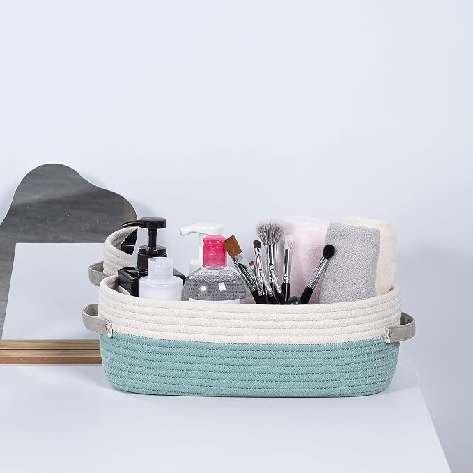 Cotton Rope Woven Toilet Paper Baskets for Organizing Decorative for Boho Decor Small Storage Gift 13"x5.9"x4" Mint Green - Image 4