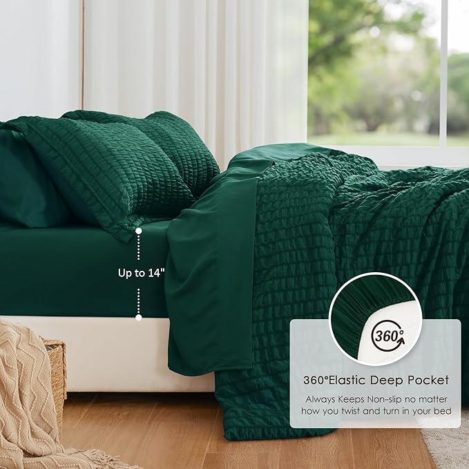 Love's cabin Seersucker Dark Green Full Comforter Set, 7-Piece All Season Lightweight Bed in a Bag Bedding Set with Comforter, Flat Sheet, Fitted Sheet, Pillowcases and Shams | Soft, Breathable, Lightweight
