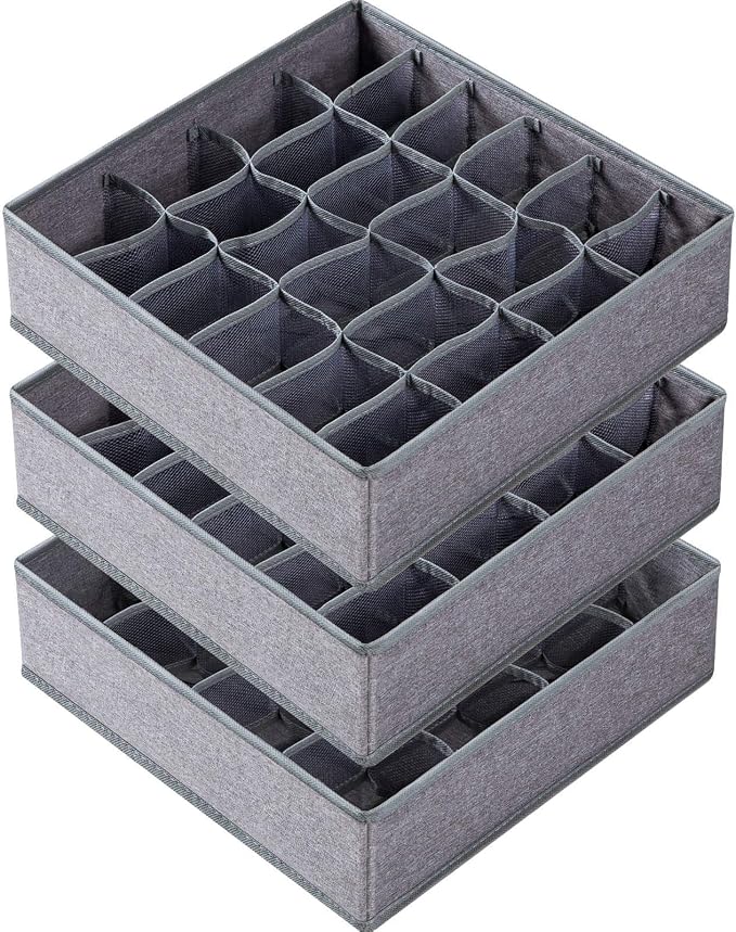 Criusia 3 Pack Sock Underwear Drawer Organizer Dividers, 64 Cell Fabric Foldable Dresser Organizer for Closet Organizers and Storage Boxes for Organizing Socks, Underwear, Ties (16+24+24 Cell, Gray) by Criusia
