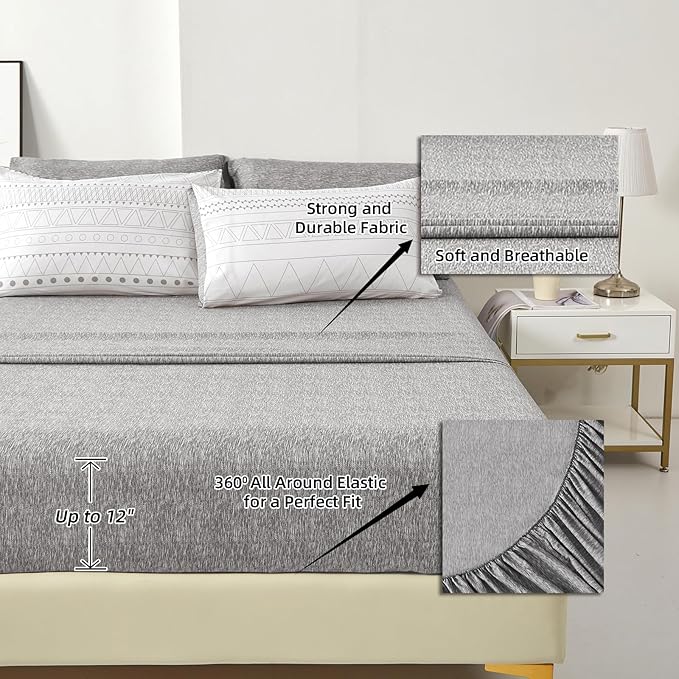 WONGS BEDDING Boho Comforter Set Queen,7 Pieces White Grey Geometric Bed in a Bag Comforter Bohemian Soft Microfiber Bedding Set for All Season with Pillowcases & Shams,Flat Sheet,Fitted Sheet