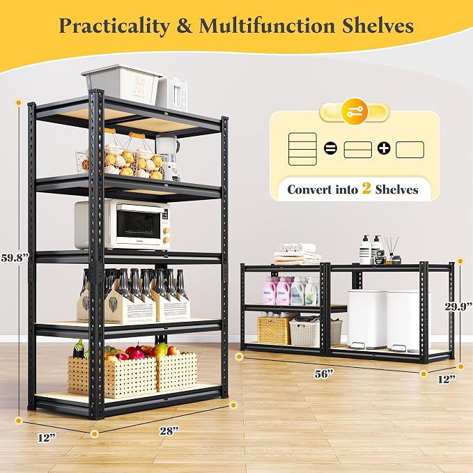 Set of 2 Storage Shelves 5 Tier Garage Shelving Heavy Duty Metal Shelving 2020LBS Adjustable Metal Shelf 59.8" H Pantry Shelf for Garage Pantry Closet Kitchen Basement 28"W x 12"D x 59.8"H,2 Pack - Image 3