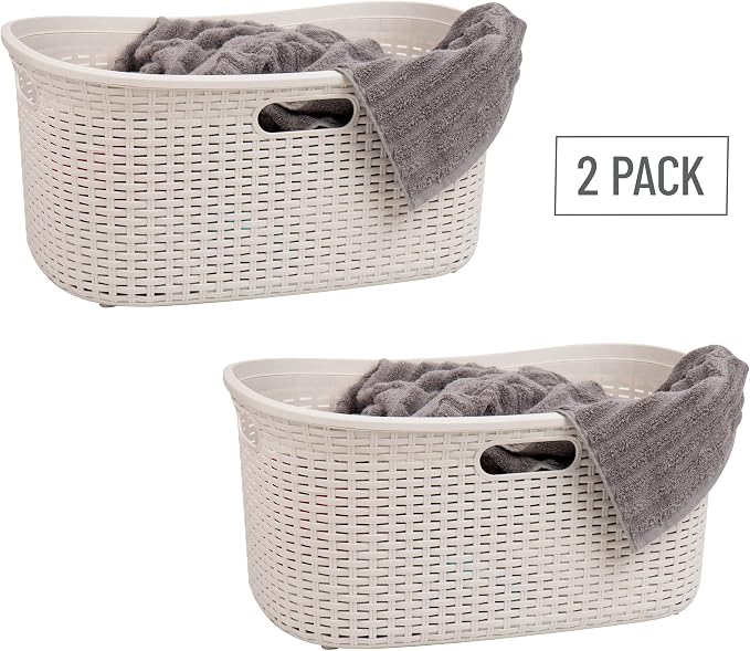 Mind Reader 40L Laundry Basket, Clothes Hamper, Premium Wicker Design, Plastic, Set of 2, Ivory - Image 7