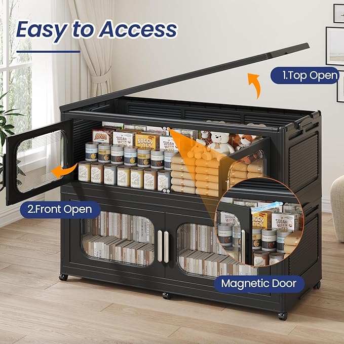 250Gal Extra Large Stackable Storage Bins with Lid & Wheels & Doors, 200QT/50GAL 5-Tiers Collapsible Closet Organizers Plastic Containers Drawers Boxes for Home Kitchen Bedroom, Black