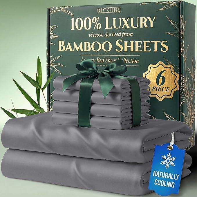 DECOLURE 100% Viscose Derived from Bamboo Sheets Queen Size - Luxury 6 Pc Naturally Cooling Sheets, Ultra Soft Bed Set - Deep 17" Pockets, Durable Double Stitching, Oeko Tex Standard (Midgrey)
