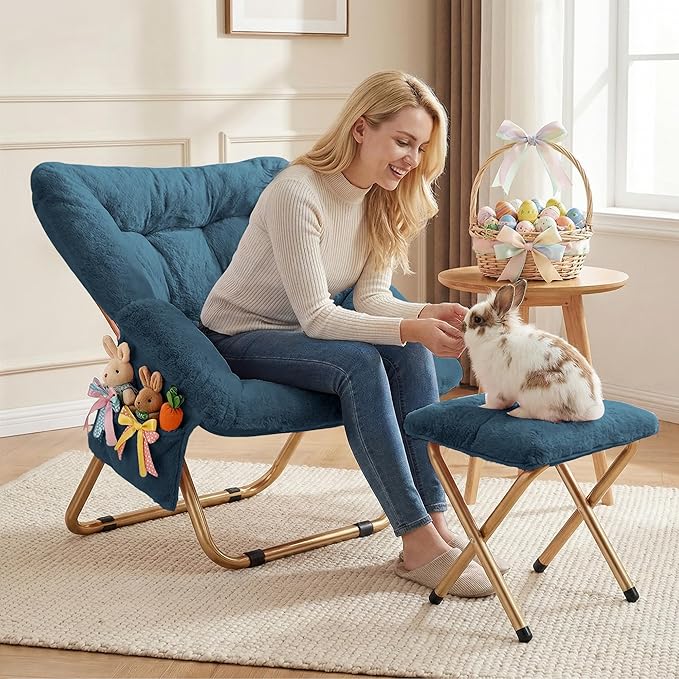 Kasunpul Comfy Saucer Chair, Foldable Living Room Chairs, Soft Faux Fur Lounge Chair for Bedroom, Reading Chairs for Adults, Teens, X-Large (Blue Grey)