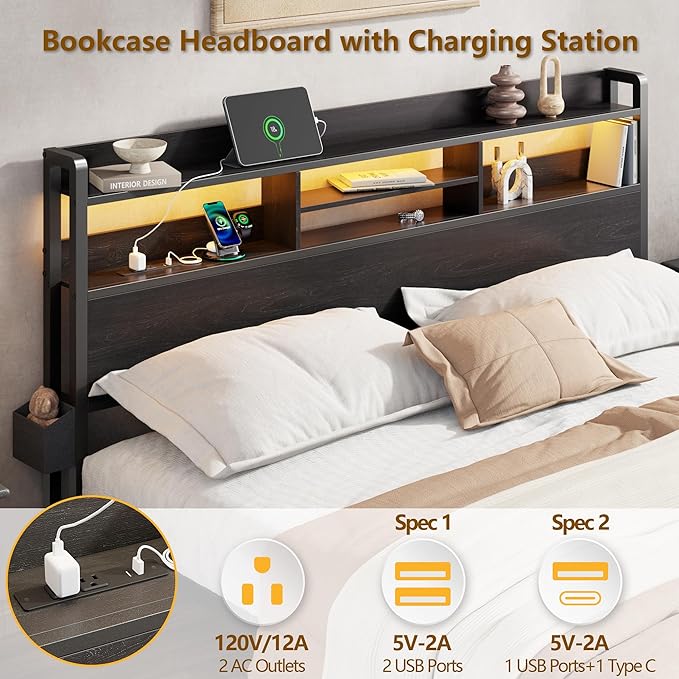 Furnulem Queen Bed Frame with Wood Headboard and Storage Shelf, Metal Platform Bed Frame Queen Size with Storage Drawers, LED Lights and Charging Station, No Box Spring Needed, Noise Free, Black
