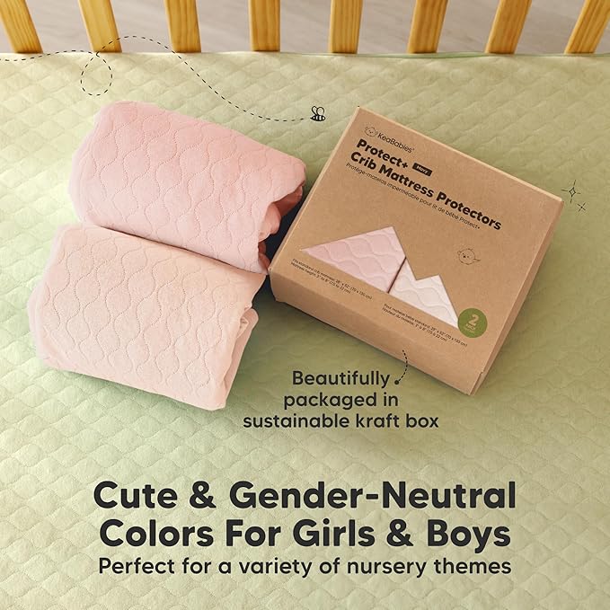 2-Pack Waterproof Crib Mattress Protector Cover Fitted - Quiet Baby Crib Mattress Pad Sheets, 52" x 28" Soft Quilted Cotton Baby Sheet, Machine Washable, Easy Fit, Durable (Mist Rose/Mavy)