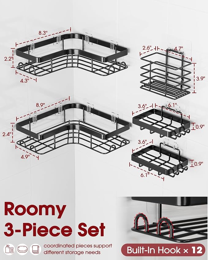 Sakugi Corner Shower Caddy - 5-Pack Shower Organizer with Soap Holder & Toothbrush Holder, Rustproof Metal Shower Shelves, Laundry, Kitchen, Bathroom Organizers and Storage Solution, Large, Black - Image 2