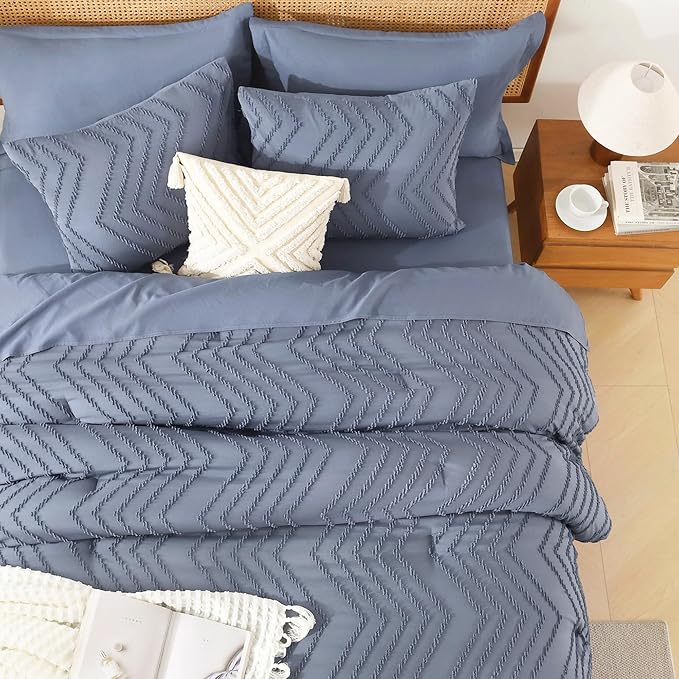 Litanika Queen Size Comforter Set with Sheets Bluish Grey - 7 Pieces Bed in a Bag Queen Chevron Tufted Complete Bedding Sets with Comforter, Sheets, Pillowcases & Shams