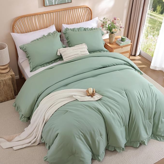 JANZAA King Size, Sage Green Comforter Set 3PCS 1 Ruffled Comforter Set and 2 Pillowcases Fluffy Vintage Farmhouse Shabby Chic Bedding Soft All Season