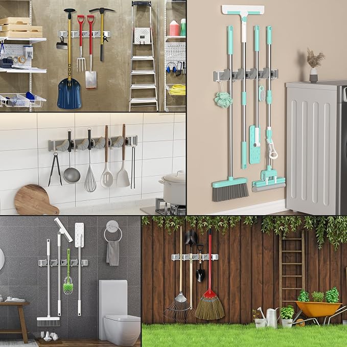 Holikme Mop Broom Holder Wall Mount Metal Pantry Organization and Storage Garden Kitchen Tool Organizer Wall Hanger for Home Goods (4 Positions with 4 Hooks, Silver) - Image 5