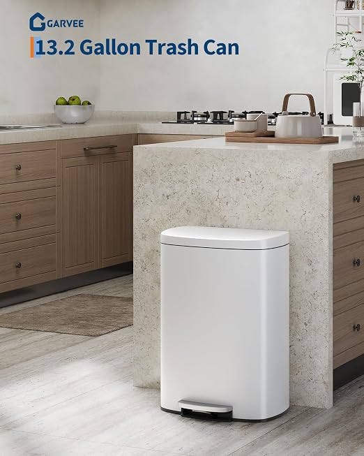 Garvee 13 gal / 50 L Metal Kitchen Trash Can with Lid, Large Rustproof Garbage Can for Kitchen, Step-on Trash Bin with Inner Bucket, Rear Handle, Soft Close Lid, White - Image 2