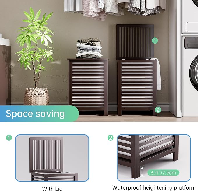 SMIBUY Double Laundry Hamper with Lid, 120L Bamboo Laundry Basket with Removable Liner Bag, 2-Section Clothes Divider Laundry Sorter for Laundry Room, Bathroom, Bedroom (Dark Brown) - Image 5