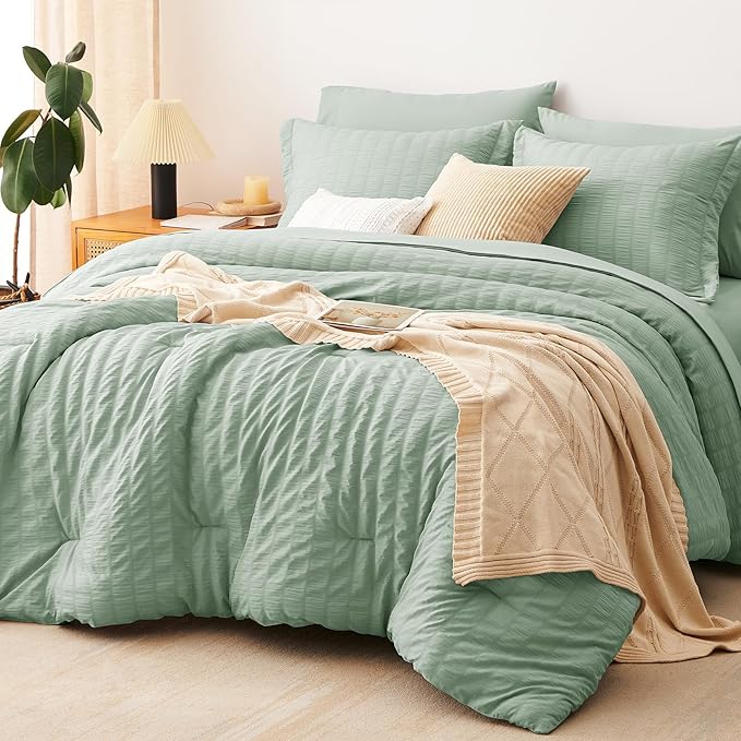 CozyLux King Size Comforter Set Sage Green Seersucker 7 Pieces Bed in a Bag King Comforter Set with Sheets, Luxury Bedding Sets with Down Alternative Comforter, Sheets, Pillowcases & Shams All Seasons