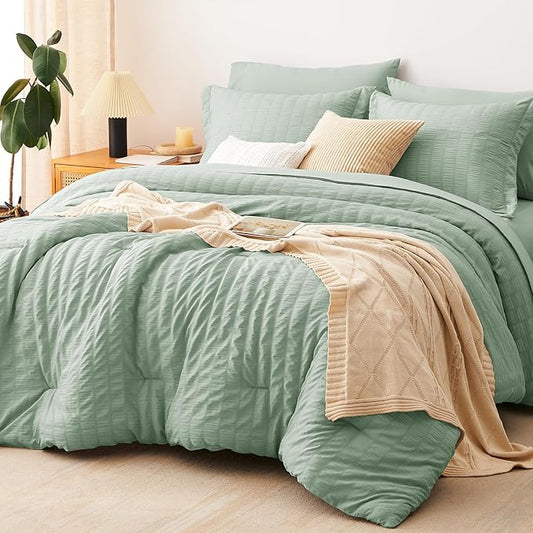 CozyLux King Size Comforter Set Sage Green Seersucker 7 Pieces Bed in a Bag King Comforter Set with Sheets, Luxury Bedding Sets with Down Alternative Comforter, Sheets, Pillowcases & Shams All Seasons