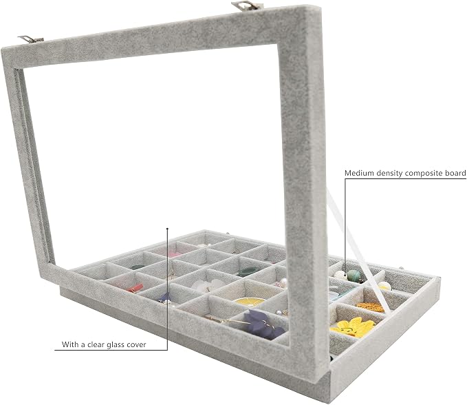Stratalife Velvet Jewelry Organizer 24 Grid Jewelry Tray with Clear Glass Lid Display Showcase Storage Organizer Box for Earring Necklace Rings Dice Gray (24 Grids) - Image 3