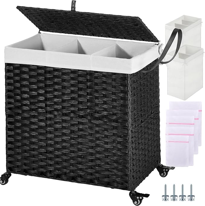 Greenstell Laundry Hamper with Wheels&Lid, 130L Large 3 Sections Clothes Hamper with 2 Types Removable Liner Bags, 5 Mesh Laundry Bags, Handwoven Divided Laundry Basket Black by Greenstell