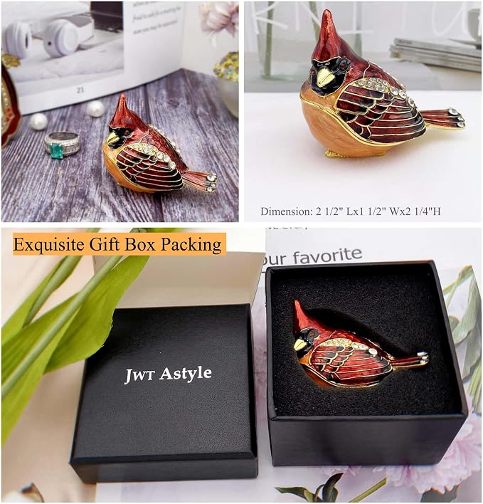 Elegant Cardinal Bird Jewelry Trinket Boxes Hinged .Keepsake Ring Box Necklace Earrings Organizer.Cardinals Gifts for Women Bird Figurines Home Decor. - Image 6