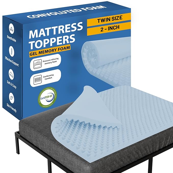 Greaton, 2-Inch Premium Convoluted Gel Memory Foam Toppers for Enhanced Comfort and Support, Twin, Blue